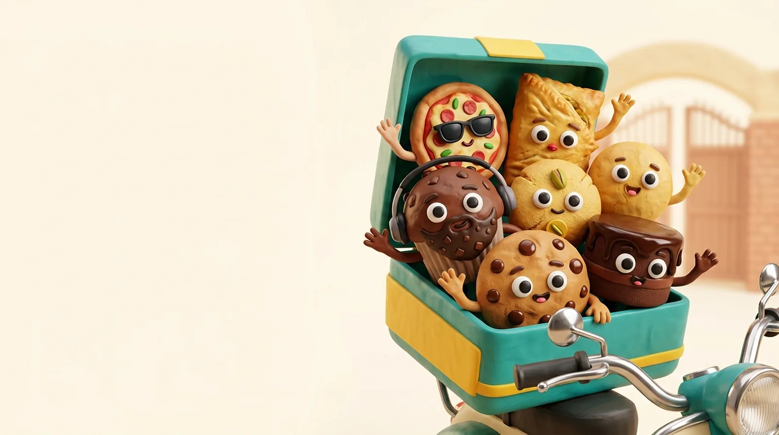 The Our Little Bakery gang riding in a delivery box